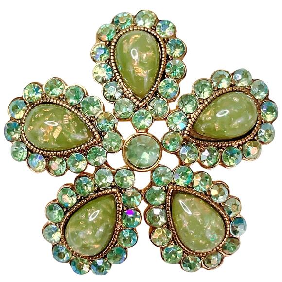 VTG 1960s Brooch Green Cabochons Rhinestones Starburst Sparkling Opal-Look MCM - Picture 1 of 15